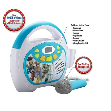 Toy Story 4 Bluetooth Sing Along Portable MP3 Player Real Working Microphone Stores Up To 16 Hours of Music with 1 GB Built In Memory USB Port To Expand Your Content Built In Rechargeable