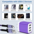 thumbnail image 5 of 3 Port USB Wall Charger, Type C Charger with 3pcs 10FT USB C Cable Phone Cables Cables Type C Charging Cords, Android Charger USB Plug Power Station Charging Brick USB Charger Block[Purple], 5 of 9