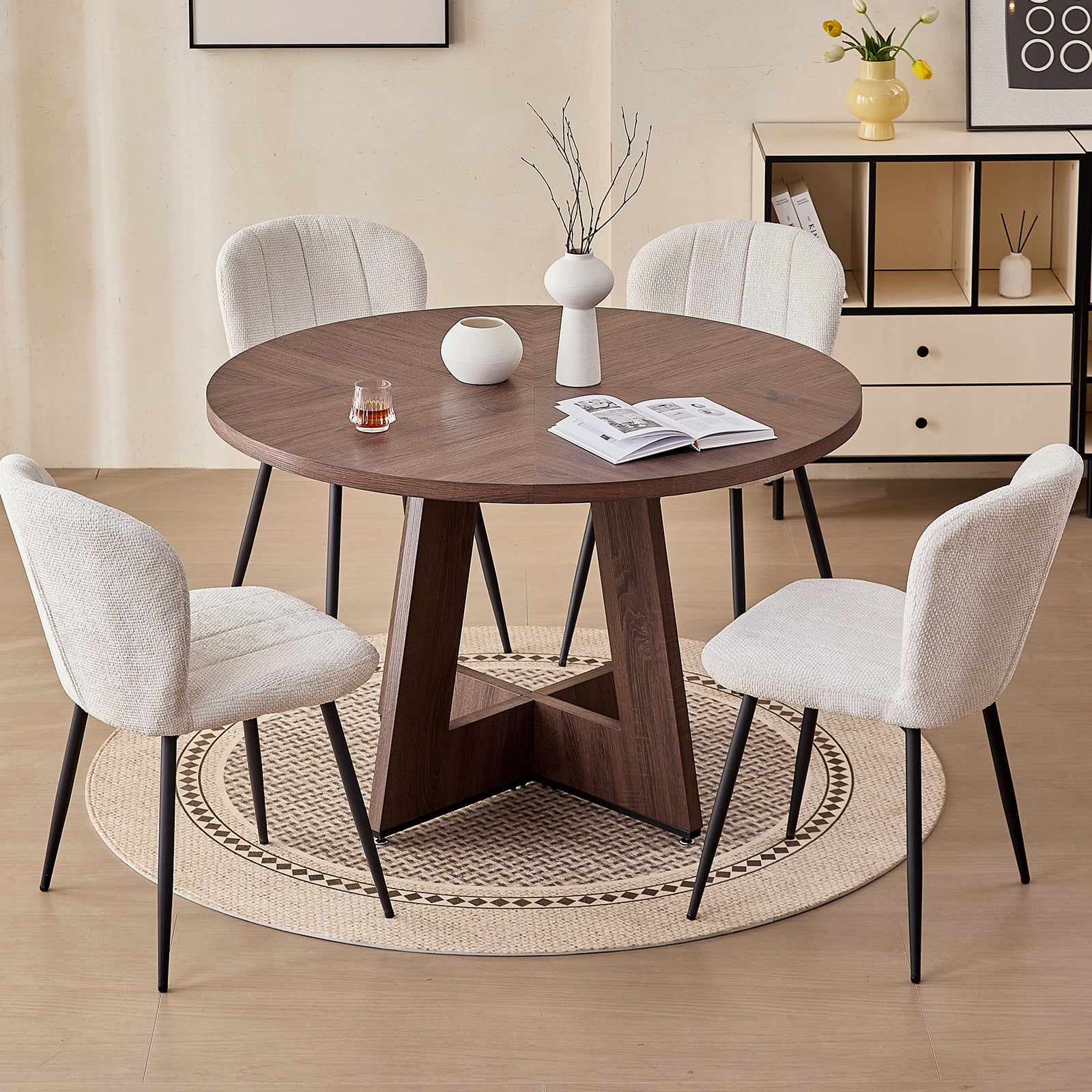 47" Round Dining Table for 4, Fanned Base, 1.38" Thick Top, Farmhouse Wood Kitchen Table for Dining Living Room Home, Walnut Color
