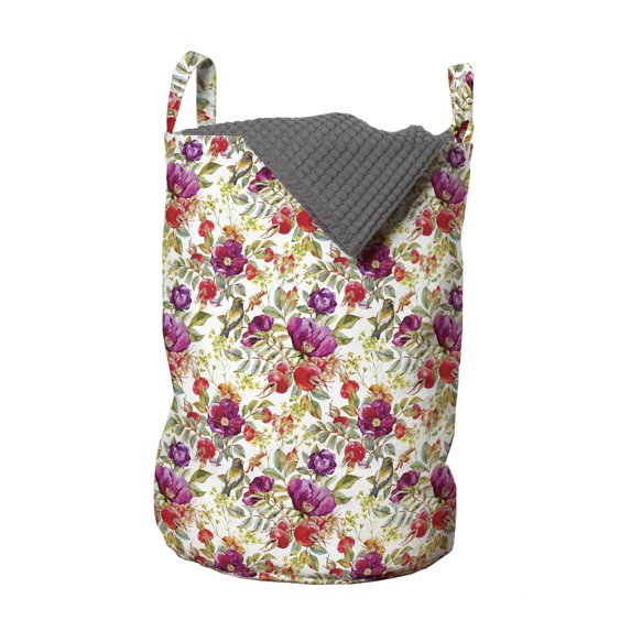 Floral Laundry Bag, Hot Pink Purple Colored Flowers with Leaves Watercolored Image with Buds Artwork, Basket with Handles Drawstring Closure for Laundromats, 13" x 19", Multicolor, by Ambesonne