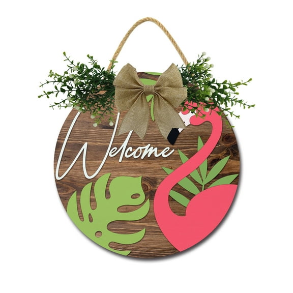 Flamingo Welcome Front Door Sign Funny Wreaths Hanging Wooden Plaque Decoration Round Rustic Wood Farmhouse Porch Decor for Home Front Door Decor, 12 x 12 Inch