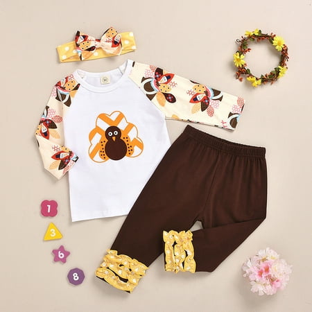

Leutsin Toddler Kids Baby Girls Thanksgiving Turkey Tops+Dot Pants+Headband Outfits Set
