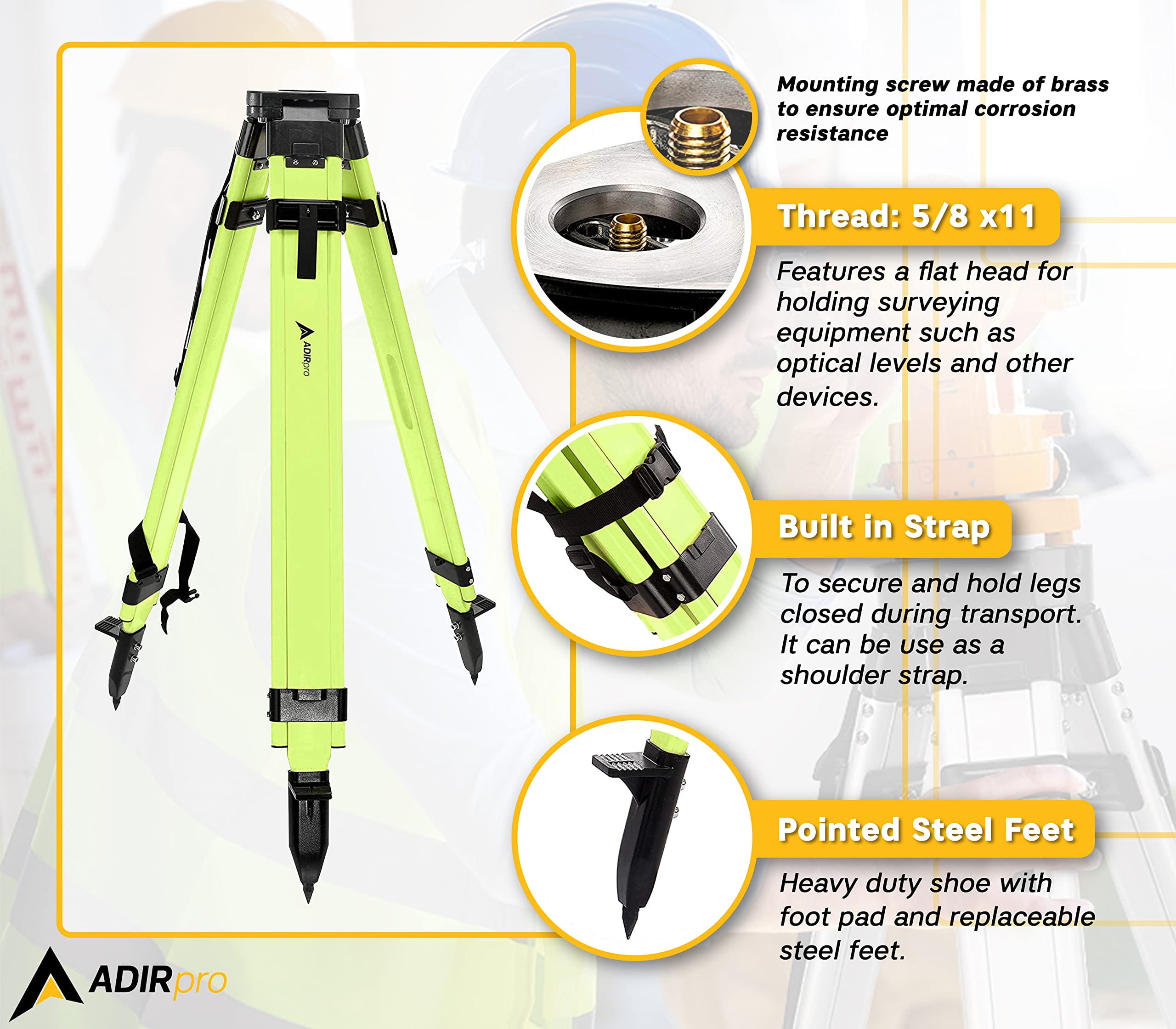 AdirPro Universal Survey Tripod – Laser Level Tripod – Transit Level Tripod - Quick Clamp - Heavy Duty Contractor Tripod 5/8” x 11” Thread (Green Aluminum)