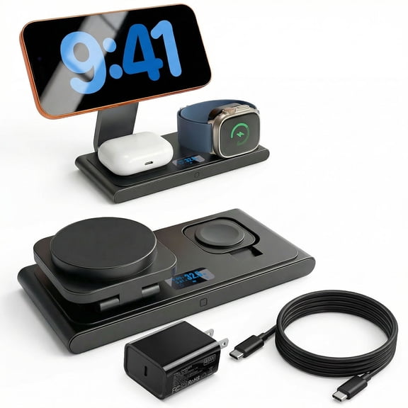 Syncdeck Foldable 3-in-1 Wireless Charging Station Max to 25W with Digital Display & 45W Adapter, Visible Fast Charger for iPhone 15/16/17Pro/Pro Max,15/16 Plus Air,AirPods,Apple Watch
