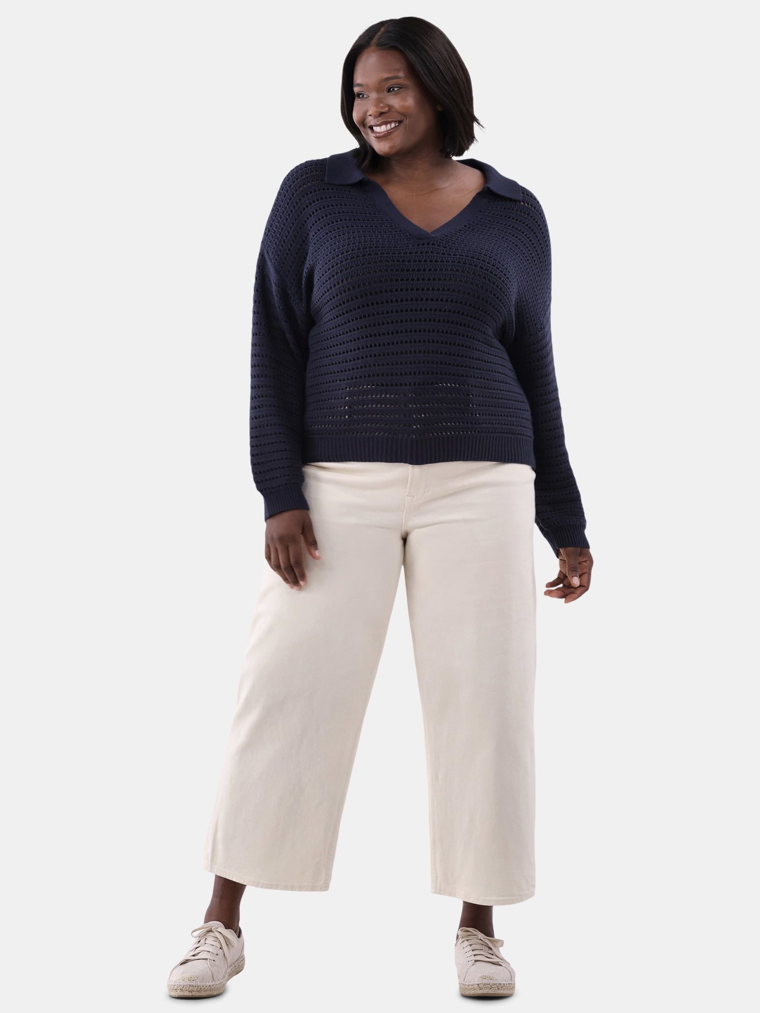Terra & Sky Women's Plus Size Open Stitch Sweater with Collar, Sizes 0X-5X