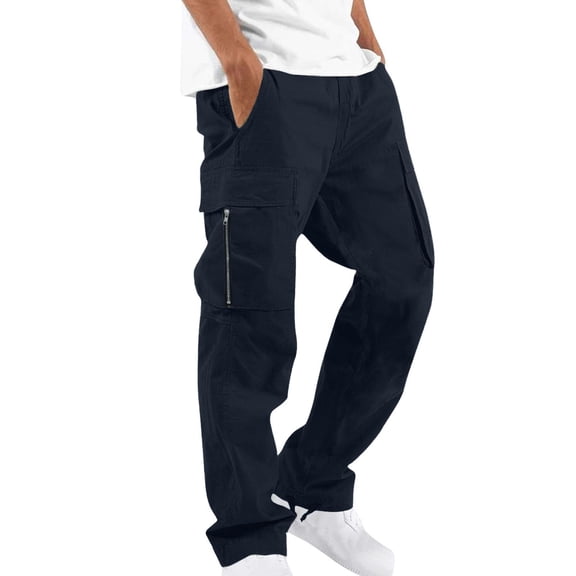 Men Cargo Pants Solid Drawstring Zip Pockets Casual Hiking Joggers Athletic Straight Leg Pant Workout Loose Trousers Navy