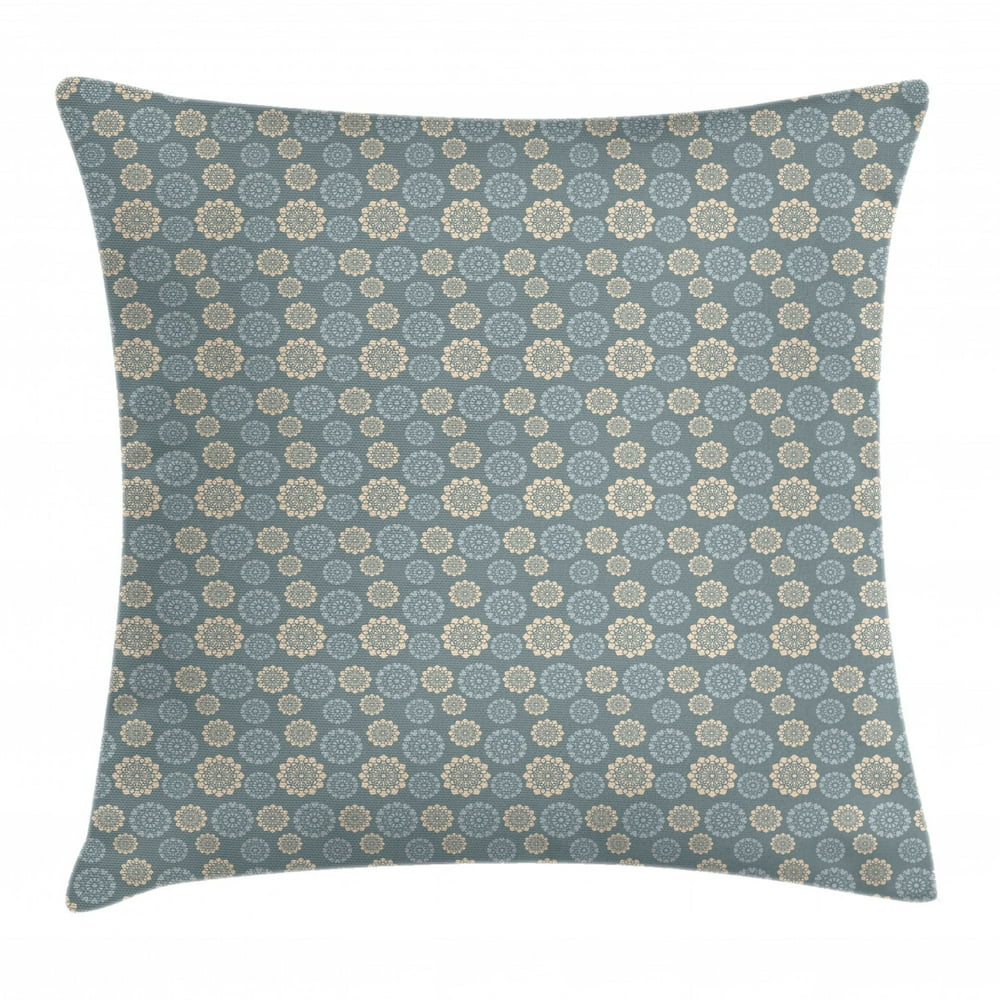 Dusty Blue Throw Pillow Cushion Cover, Repeating Floral Motifs in Pastel Tones Abstract Artwork