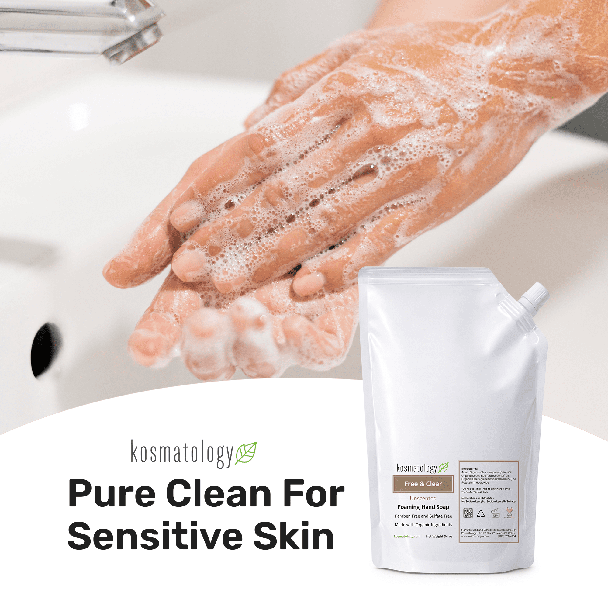 kosmatology® Free & Clear Organic Foaming Hand Soap Refill | Moisturizing Hand Wash | Clean Ingredients, Free of Artificial Scent and Essential Oils | 34 fl oz