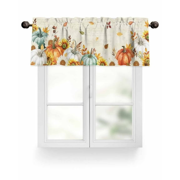 Boho Fall Thanksgiving Kitchen Valances for Windows Orange White Teal Blue Pumpkins Leaves Valance Curtains for Kitchen /Living Room/Bedroom/ Bathroom Decor, 42"x12 " ,Rod Pocket 1 Panel,