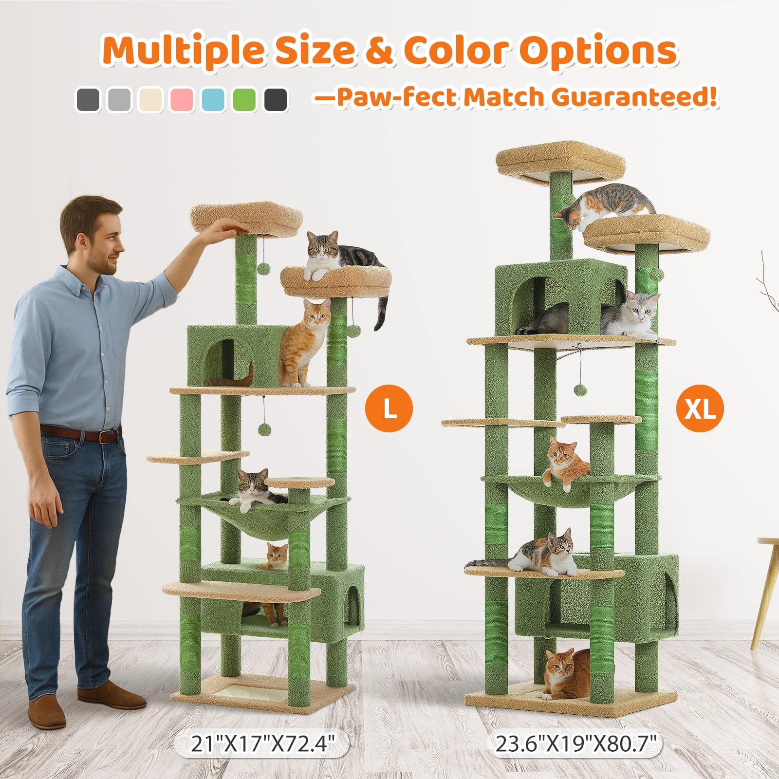 Pefilos 81" Tall Cat Tree for Large Cats, Heavy Duty Cat Tower with 2 Perches, 2 Condos and Spacious Hammock, Large Condo with 7 Scratching Posts, Green