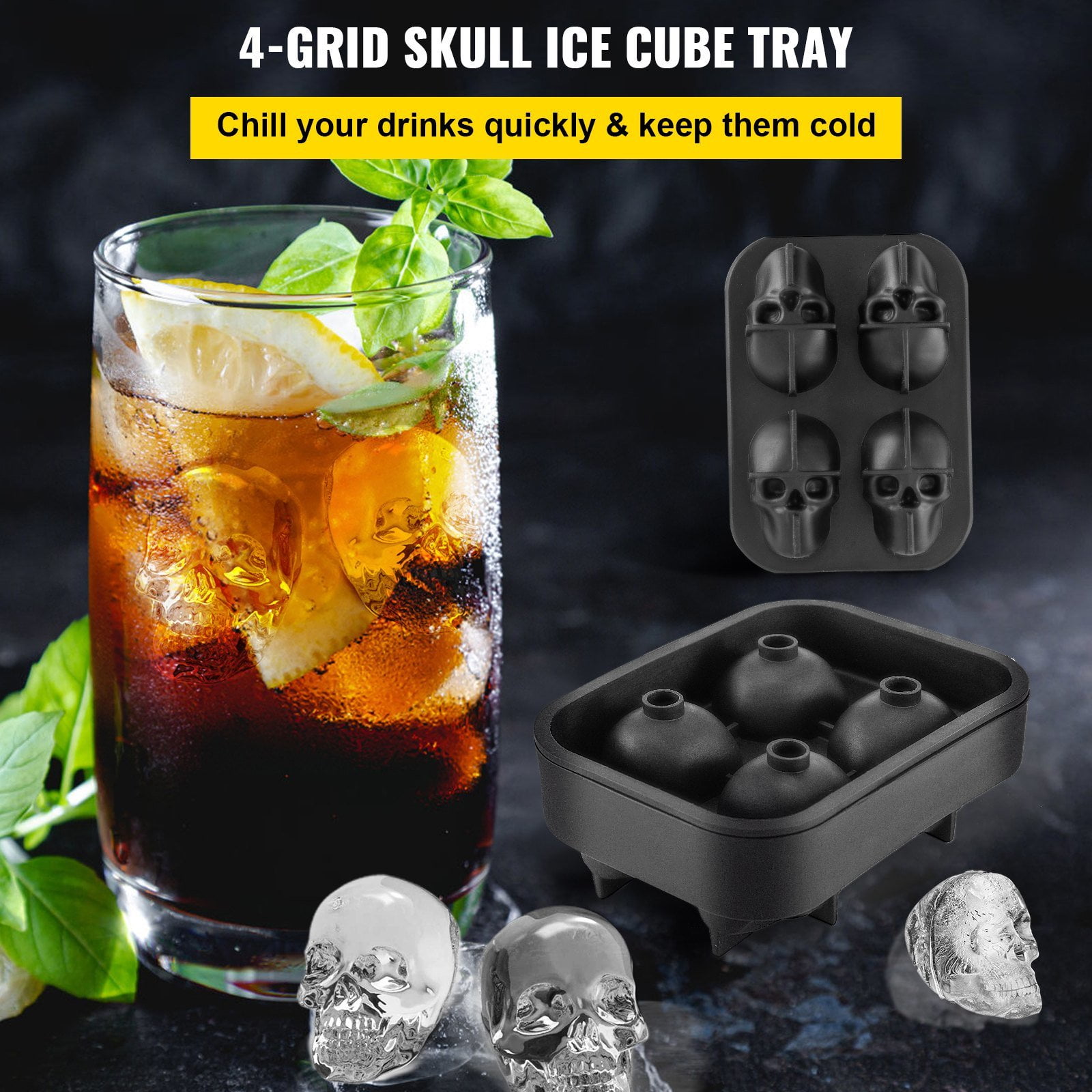 4-Grid Skull Ice Cube Tray with Lid & Funnel, Flexible Black Silicone Mold for Halloween Cocktails, Party Drinks – Makes 1.6” Skull Ice Cubes (BPA-Free)