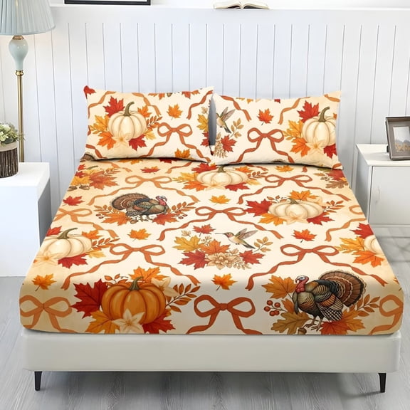 Bulopur Fall Pumpkin Twin Size 3-Piece Sheet Set, Soft Fade-Resistant Easy-Care Bedding with Wrinkle-Free Bottom Fitted Sheet for All-Season Twin Bed Comfort