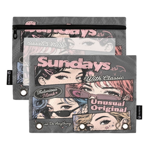 Dailycode 2 Pack Pencil Pouch for 3 Ring Binder Smooth Zipper Folders with Pockets Clear Window Pencil Case, Grey Sundays Collage