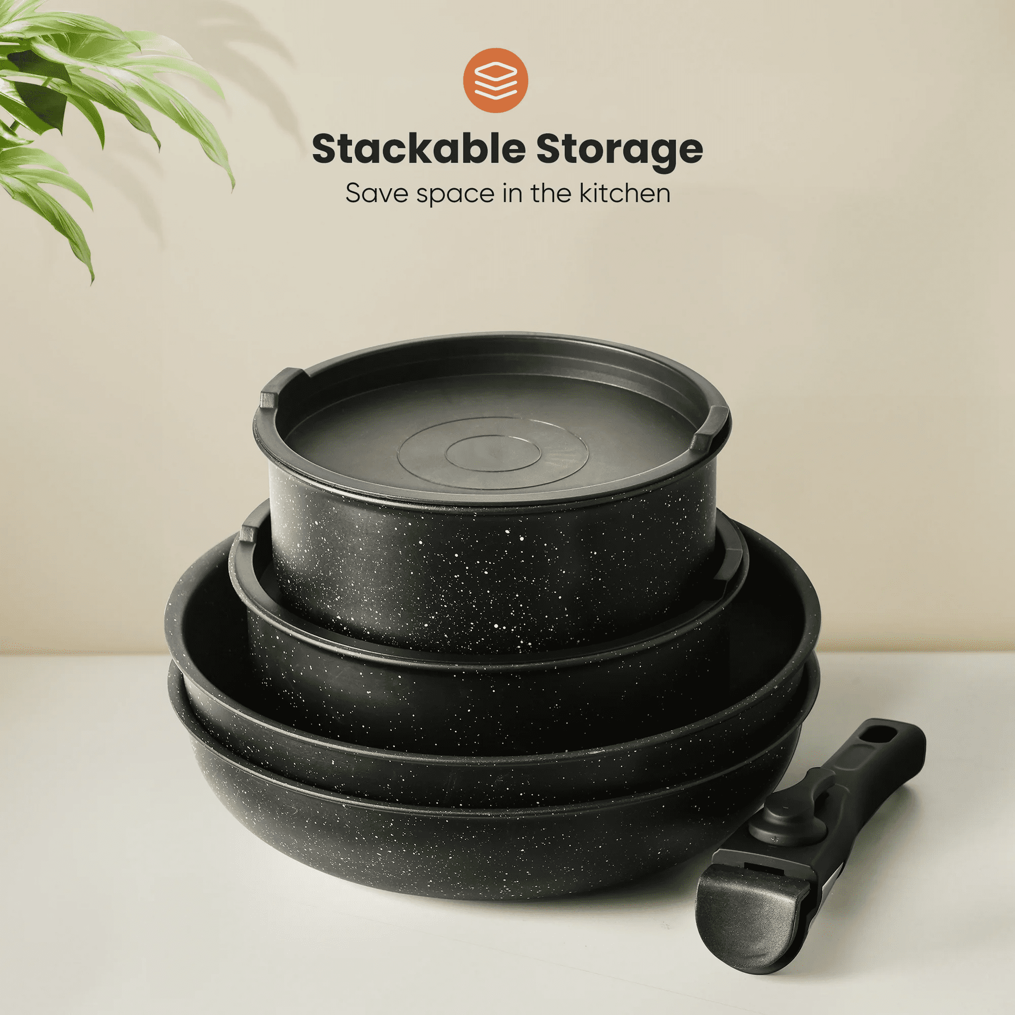 Aidoly Pots and Pans, 12 Pcs Nonstick Kitchen Cookware Sets with Removable Handle, Stackable, Black