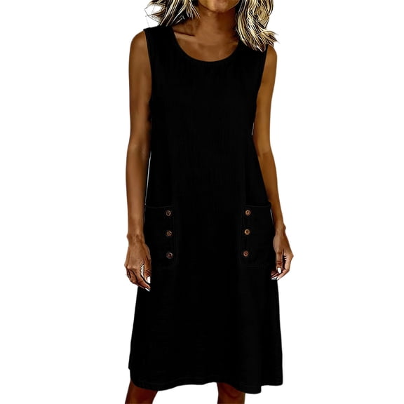 fheaev Women's Midi Dress Sleeveless Crew Neck Button Pocket Loose Casual Summer for Everyday Black M