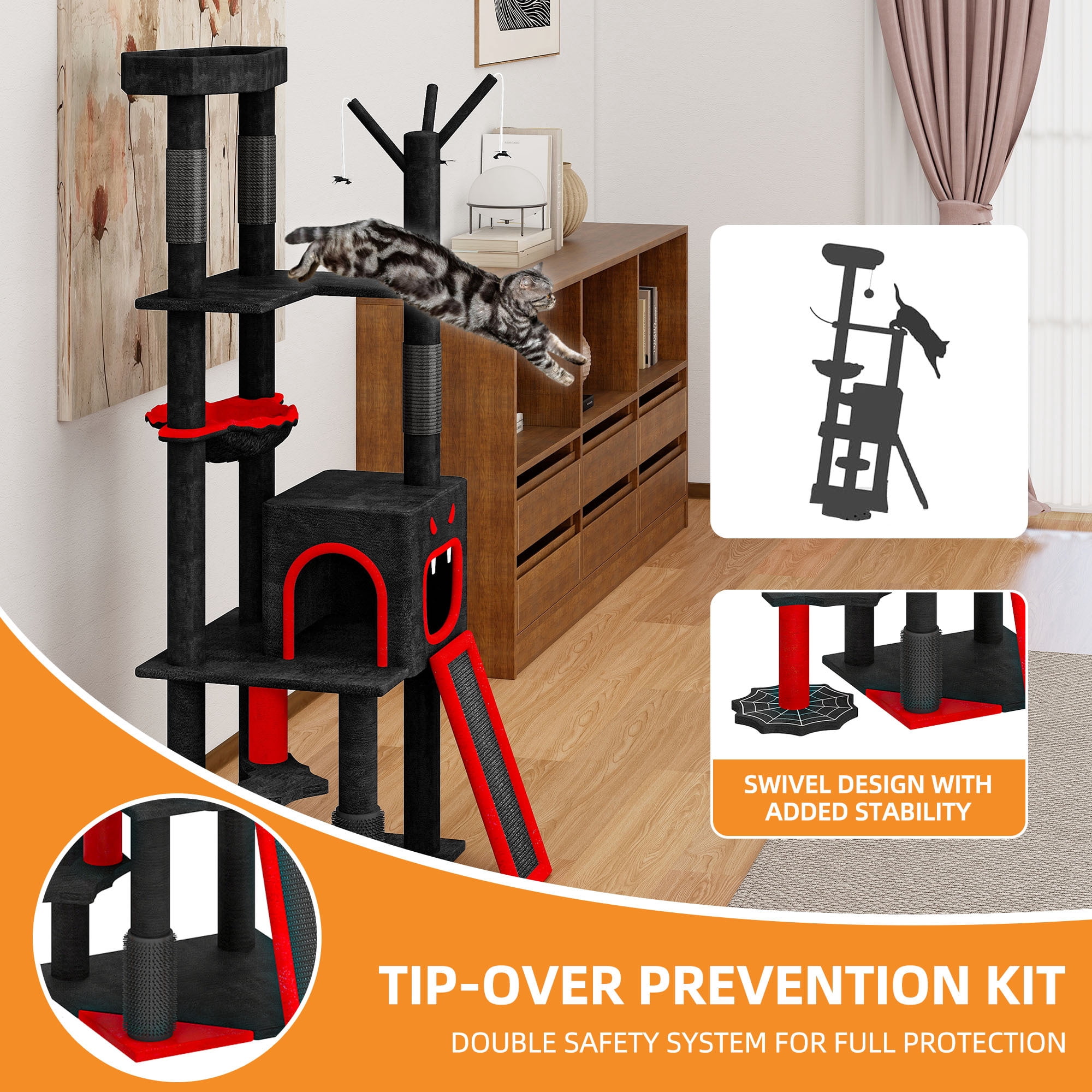 Uforic 60" Gothic Cat Tree Tower with Coffin Bed, Black Halloween Cat Tower with Top Perch, Condos, Basket & Scratcher