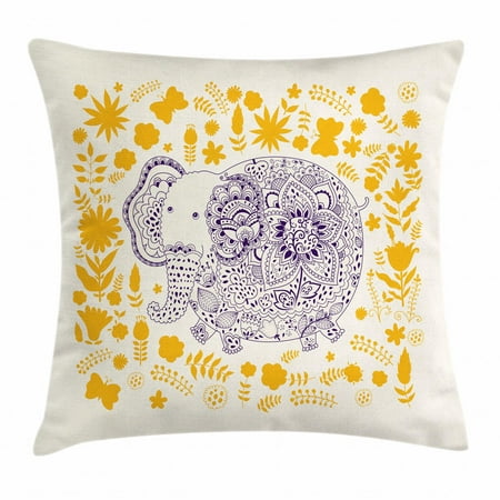 Oriental Throw Pillow Cushion Cover, Ethnic Pattern with Stylized Floral Motifs and Cartoon Elephant, Decorative Square Accent Pillow Case, 18 X 18 Inches, White Earth Yellow and Indıgo, by