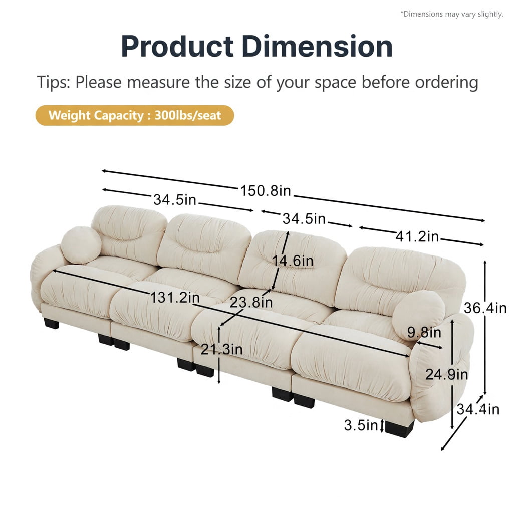 Hommoo Chenille 4-Seat Modular Sofa with Pleated Back, Ergonomic High-Density Foam Cushions & Curved Armrests, Includes 2 Round Throw Pillows, Beige