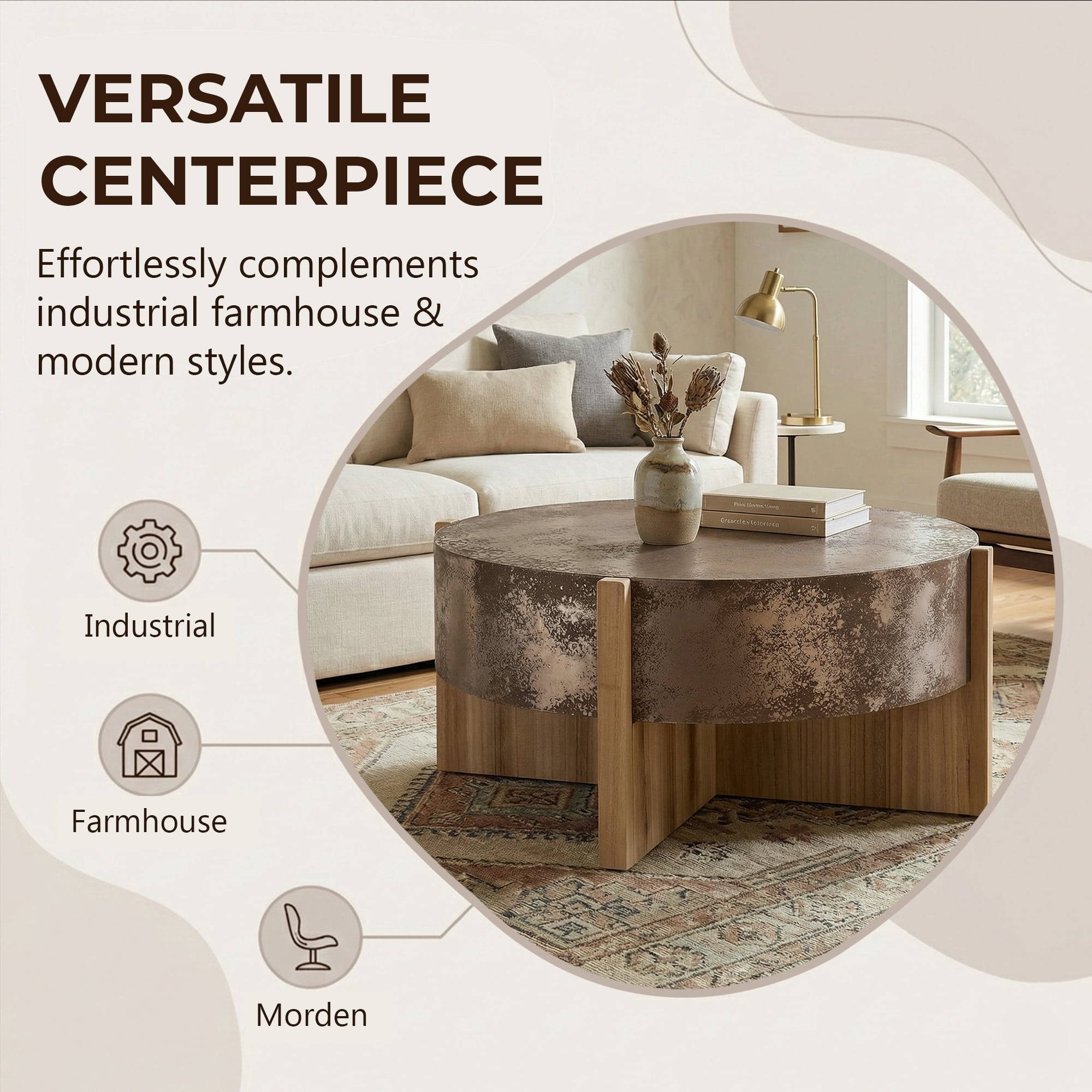 Euroco Round Coffee Table, 31.3" Modern Accent Tea Table with Burnt Wood Legs, Circle Center Table for Living Room,Easy Assembly, Natural