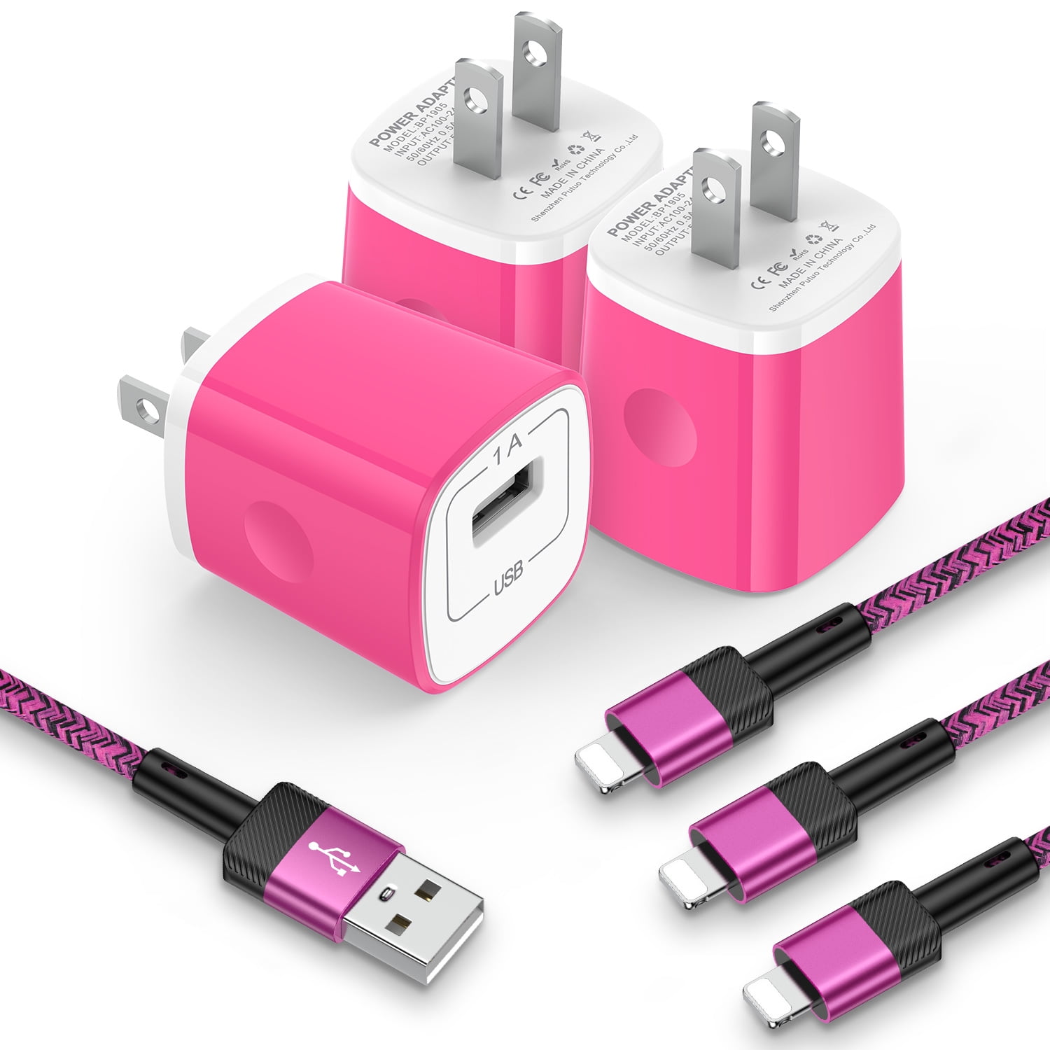 Compatible for iPhone Charger, 3Pack 10FT Lightn-ing Cable Cord with USB Wall Charger, Charging Cable with Charger Block Phone Charger Plug Power Adapter Compatible for iPhone14/13/12/11, Pink