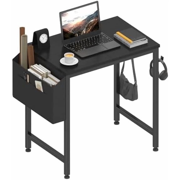 Small Desk for Small Spaces, 24 Inch Kids Girls Study Writing Mini Desks for Bedroom, Simple Modern Laptop PC Little Side Table with Storage Bag Headphone Hooks, Black