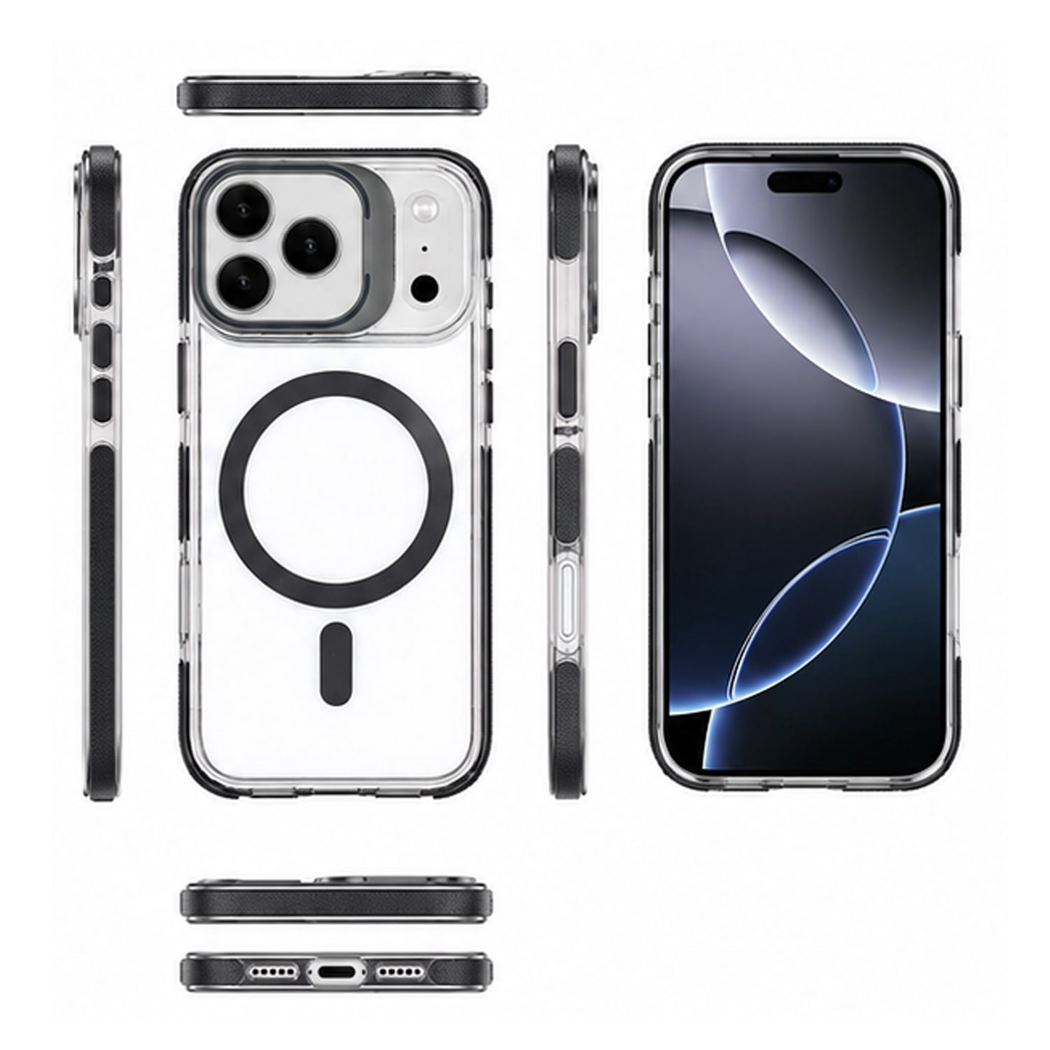 Thin Magnetic Clear Case with Camera Stand Kickstand for iPhone 17 Pro Max - Black