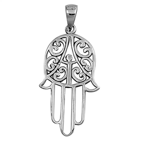 Hand of God Filigree Swirl Hamsa Pendant .925 Sterling Silver Anatomy Charm Jewelry Female Unisex