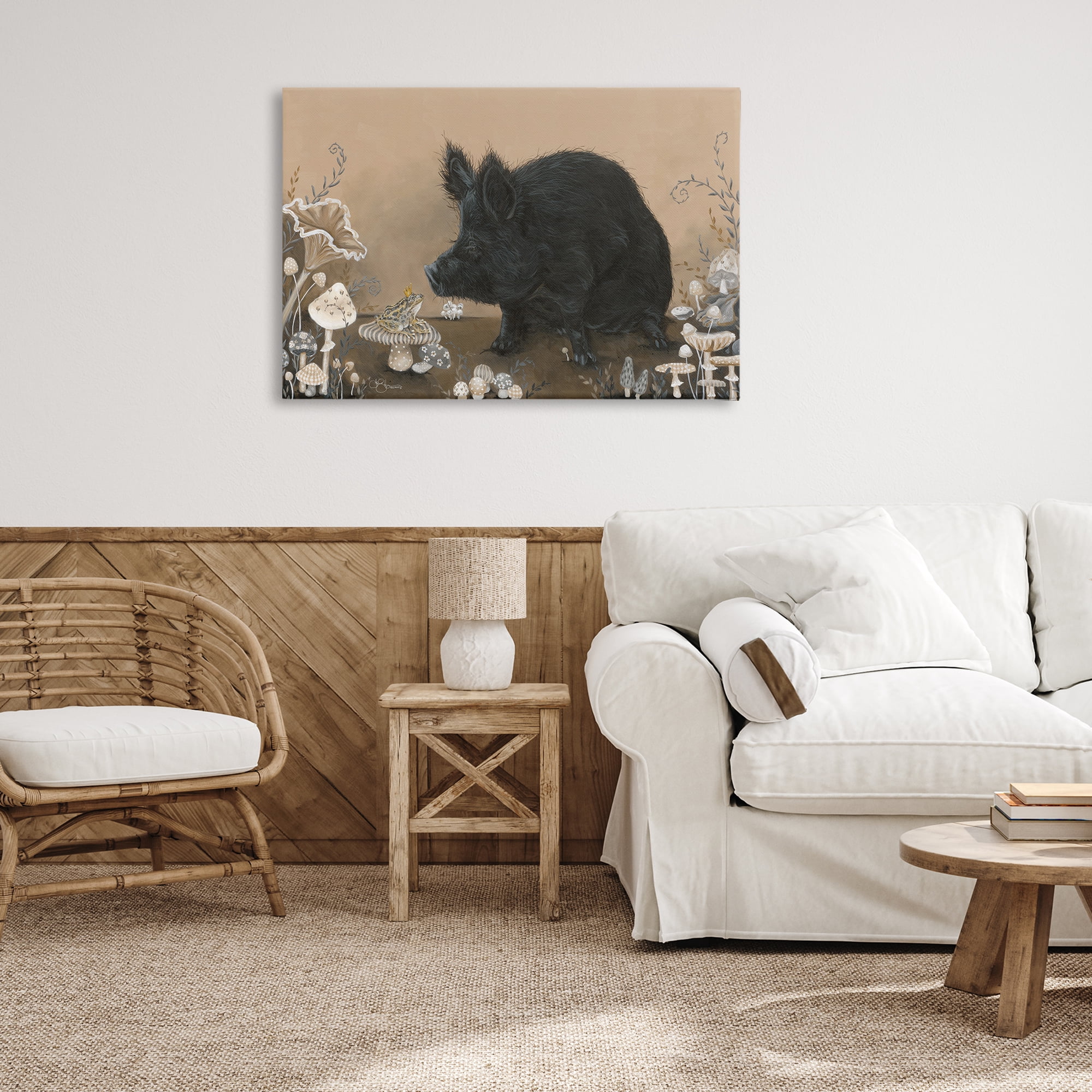 Stupell Industries Hog & Frog with Mushrooms Animals & Insects Painting Gallery Wrapped Canvas Art Print Wall Art, 36 x 24