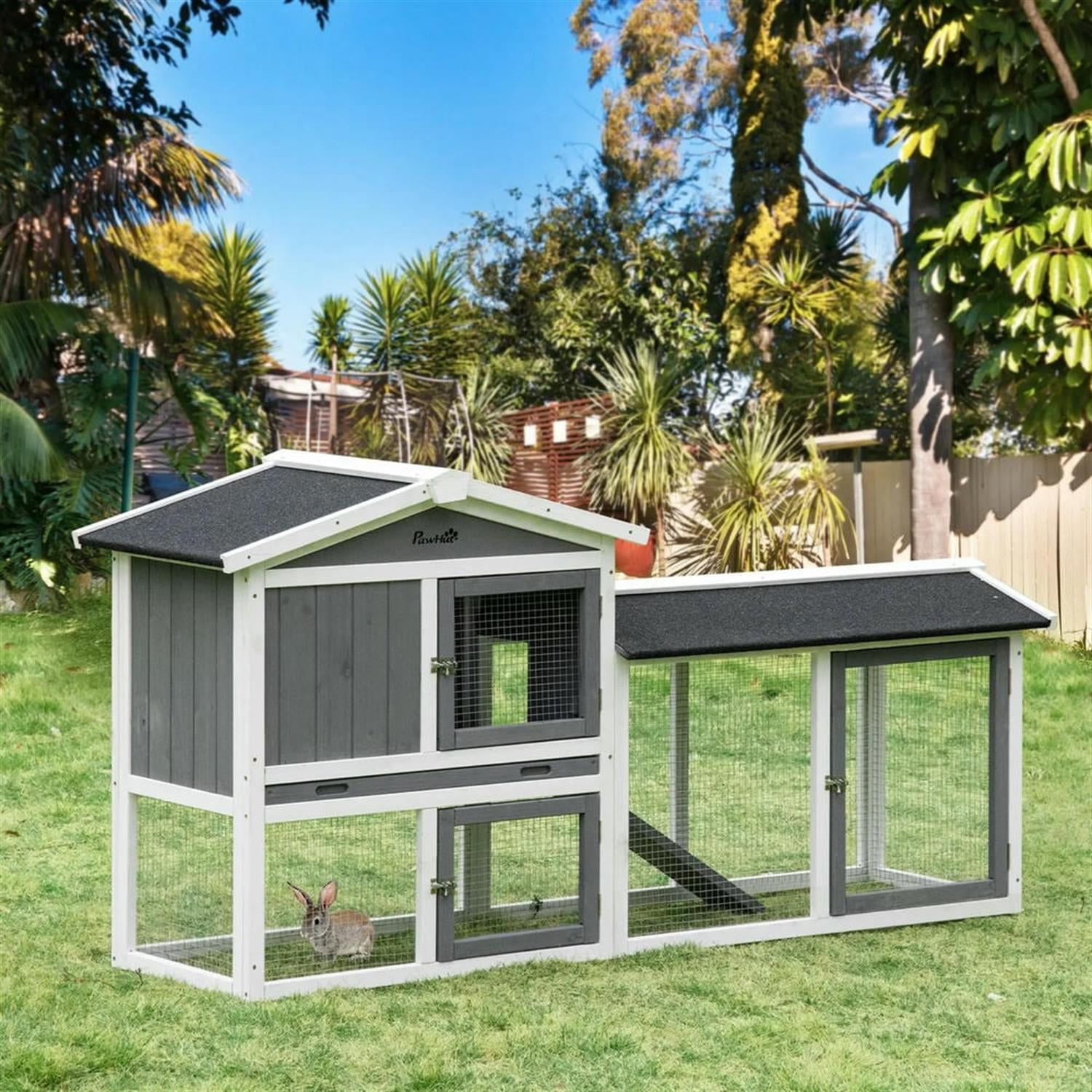 Kadyn 69" 2-tier Wooden Rabbit Hutch with Slide-out Tray, Outdoor Small Animal Habitat Chicken Coop Bunny Cage for Bunnies, Guinea Pigs, Gray