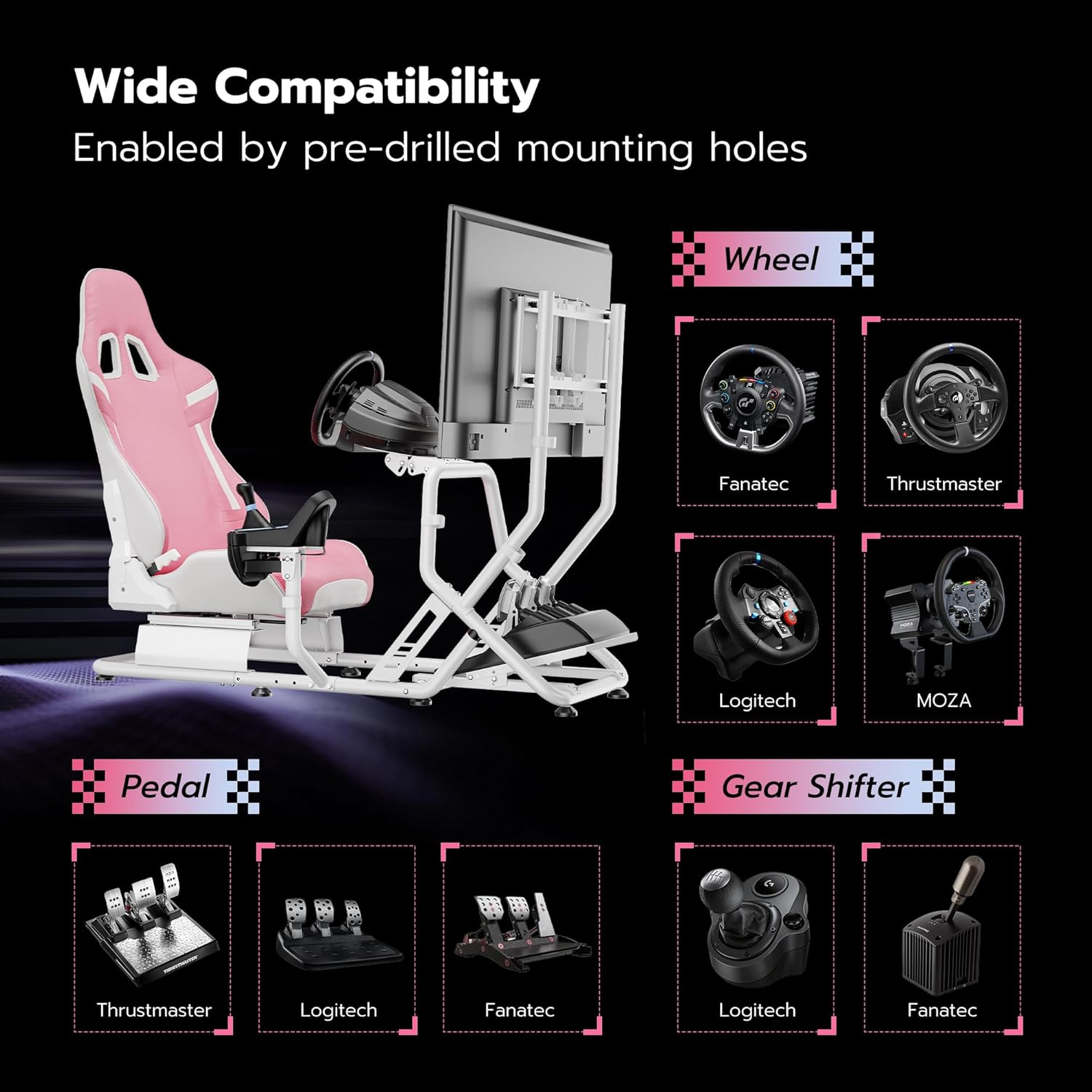 ARES WING Racing Simulator Cockpit with Seat and Monitor Mount, Adjustable Sim Racing Cockpit Compatible with Logitech, Thrustmaster, Fanatec, Moza, for PS5, PS4, Xbox and PC, Pink