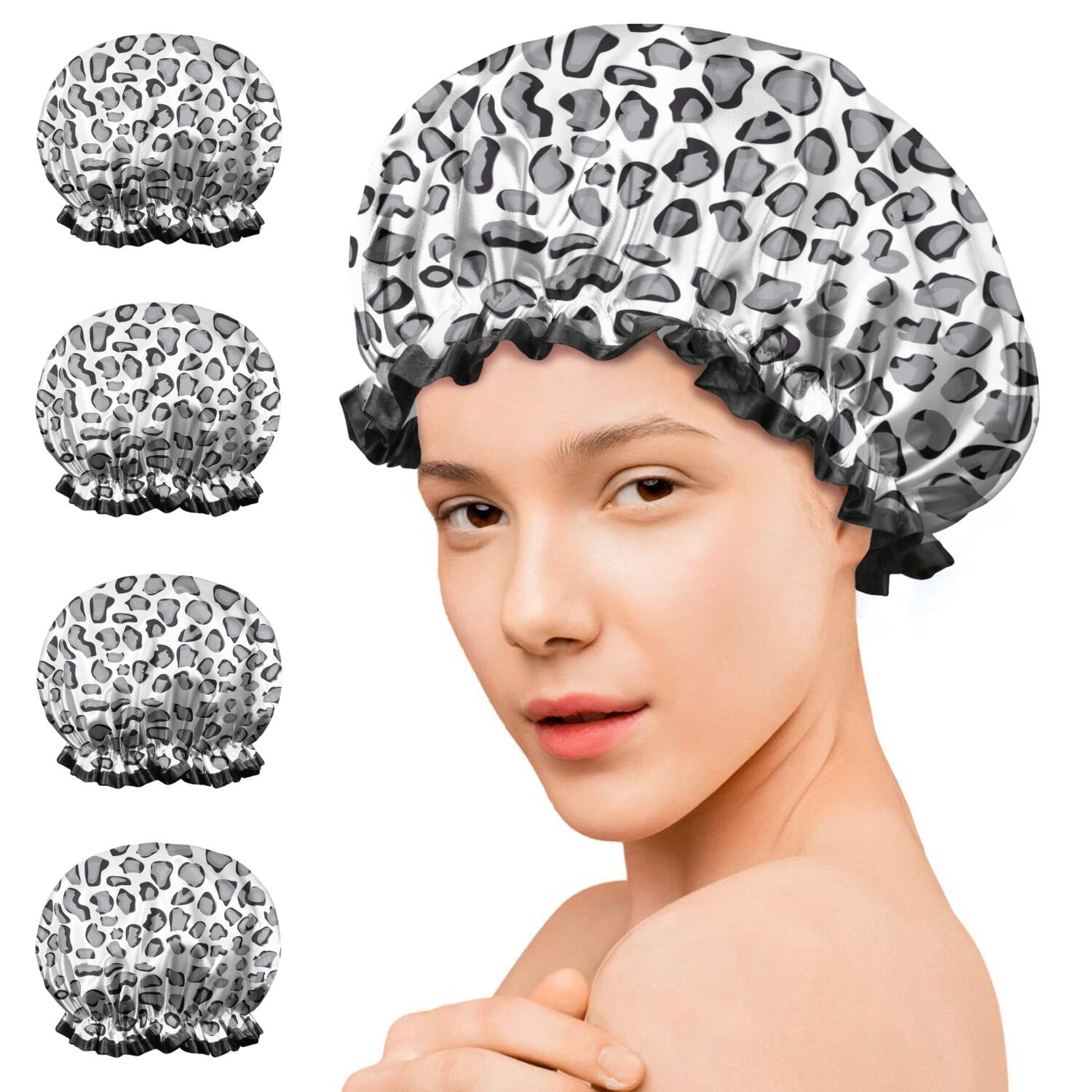 Shower Caps,White and Gray Of Leopard Print Waterproof Shower Cap for Women 4 Pieces,Double Reusable Hair Cover for Shower PEVA Elastic Stretch Hem