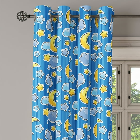 Ambesonne Cartoon Grommet Curtain Single Panel, Abstract Moon and Clouds, 50"x60", Yellow Blue