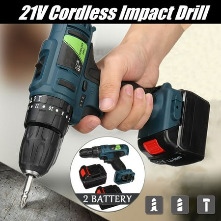 21V Rechargeable Hammer Cordless Impact Drill Electric Screwdriver With 2 Li-Battery With LED Light Household