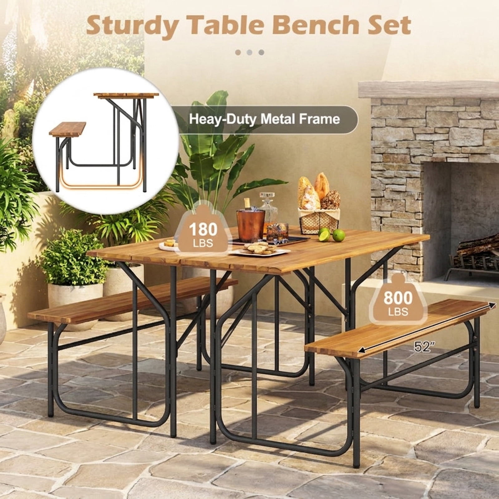 Biotree Acacia Wood Patio Picnic Table and Bench Set for 2 People One-Side Outdoor Table for Garden Deck and Backyard Dining, Black
