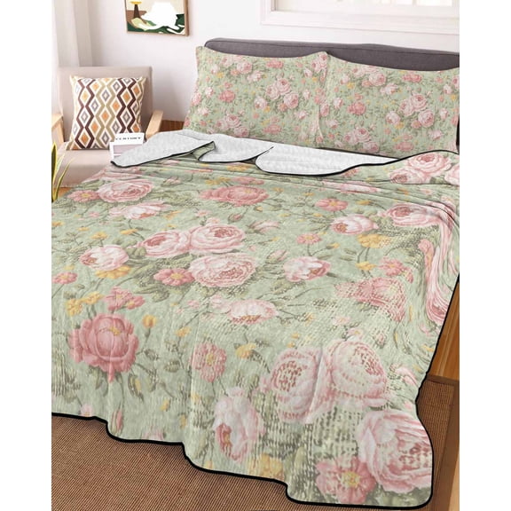 Pink Flowers Full Size Down Alternative Comforter, Lightweight Comforter Quilt Bedding Set with Pillow Shams Green Country Botanical Floral Leaves All Seasons Bed Comforter Duvet Insert 78"x90"