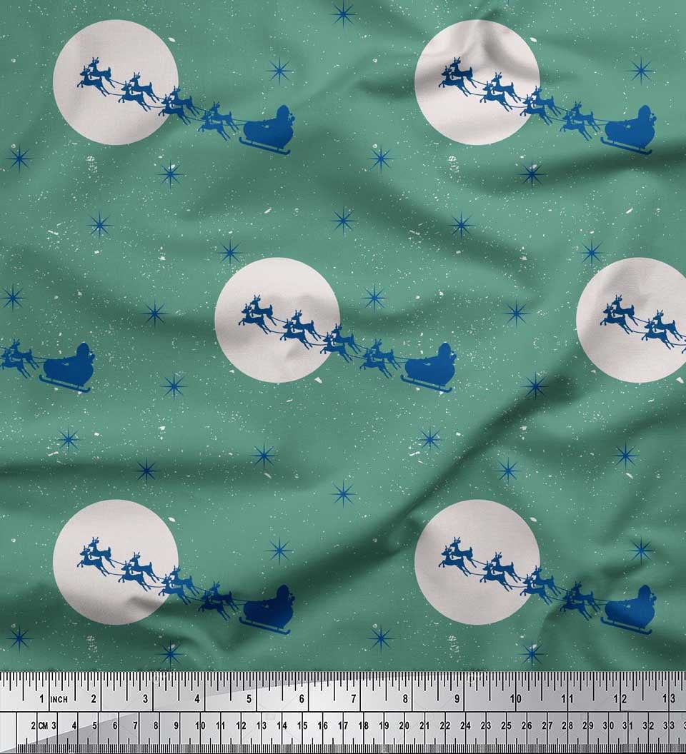 Soimoi Green polyester Crepe Fabric Snowflake,Reindeer & Sleigh Christmas Decor Fabric Printed Yard 42 Inch Wide