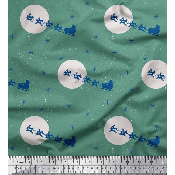 Soimoi Green Cotton Voile Fabric Snowflake,Reindeer & Sleigh Christmas Decor Fabric Printed Yard 42 Inch Wide