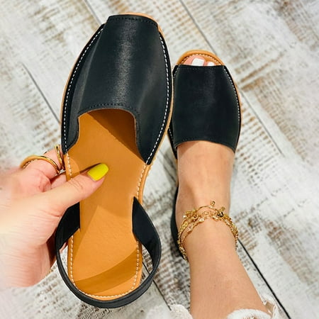 

TALENT Sandals Faux Leather Peep-Toe Sandals For Women Fish Mouth Pu Shoes Summer Beach Flat Heel Shoes(Black 40)