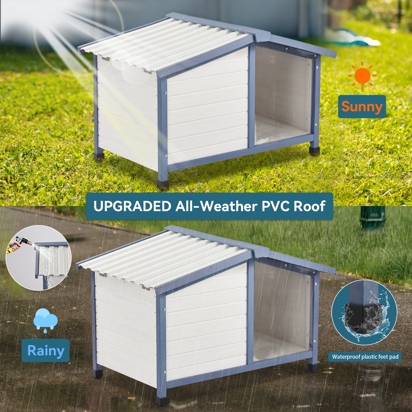 Petsfit Outdoor Dog House, Openable Asphalt Roof Dog House for Medium Dogs, Waterproof PVC Roof, White