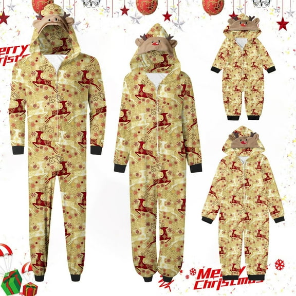 Odeerbi Christmas Onesie Pajamas for Family Holiday Sleep Jumpsuit Long Sleeve Family Christmas Pajamas Matching Sets Dad Printed Loungewear Jumpsuit Sleepwear Xmas PJs Set Yellow