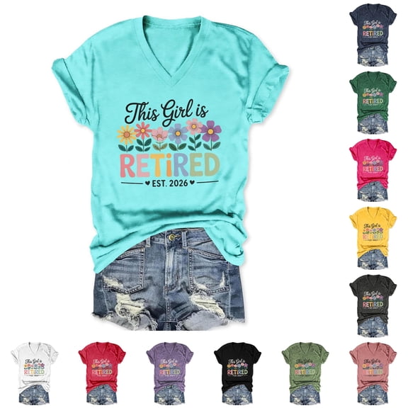 Trendfront Women Retirement T Shirts Short Sleeve V Neck Est 2026 Graphic Tee This Girl Is Retired Funny Quote Printed Top Gifts for Grandma