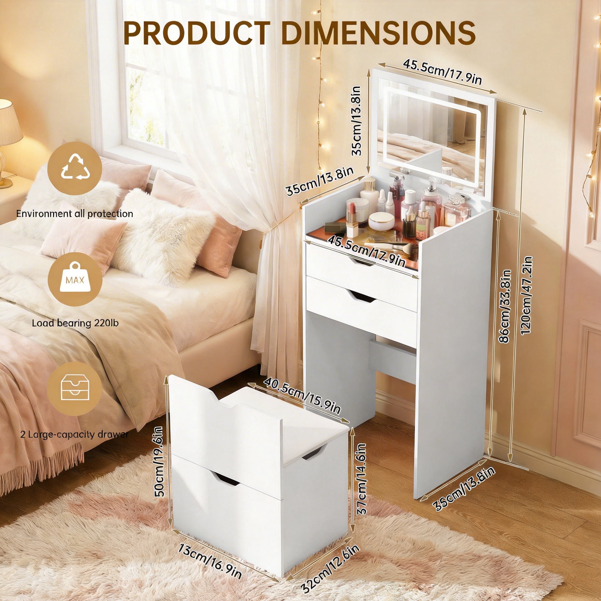 3-in-1 Vanity Desk with Lights & Flip Mirror, Small Makeup Vanity Set with Hidden Stool and Storage Drawers, Space-Saving Dressing Table for Bedroom, White