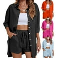 thumbnail image 5 of Douhoow 2Pcs Women Loungewear Short Sleeve Button Down Loose Shirt Shorts Set, 5 of 6