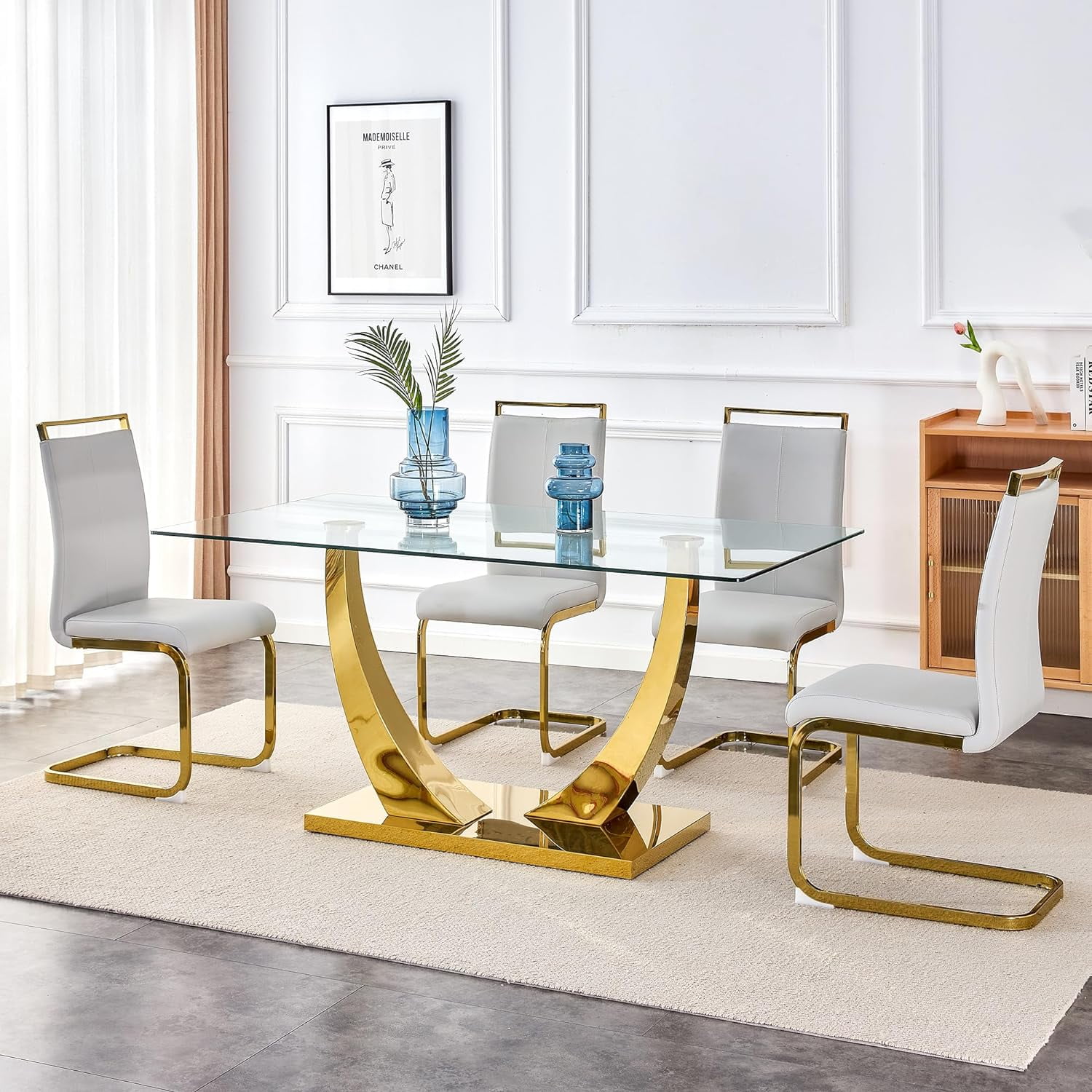 Sumdeal 63" Glass Dining Table for 4-6 people,Modern Dining Room Table for 4, Kitchen Table for 6, Dinner Table with Rectangle Tempered Glass Top and Chrome Golden Base