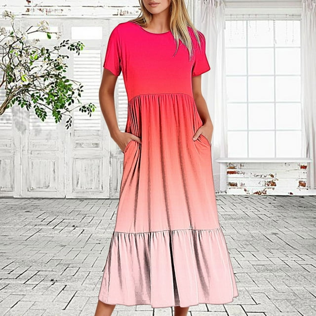 LOVZFMLL Robe d'Été Décontractée pour Femme à Manches Courtes et Col Ras du Cou, Robe Longue Fluide à Étages pour la Plage avec Poches, Robe à Imprimé Dégradé Multicolore G