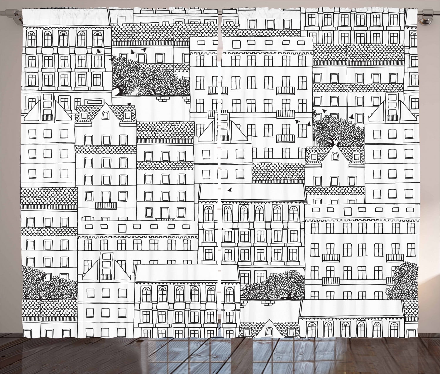 German Curtains 2 Panels Set, Hand Drawn German Style Houses Monochrome