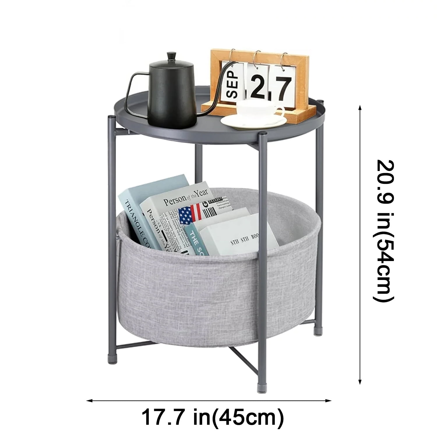 CERBIOR Round Side End Table, Modern Nightstand with Fabric Basket, Gray