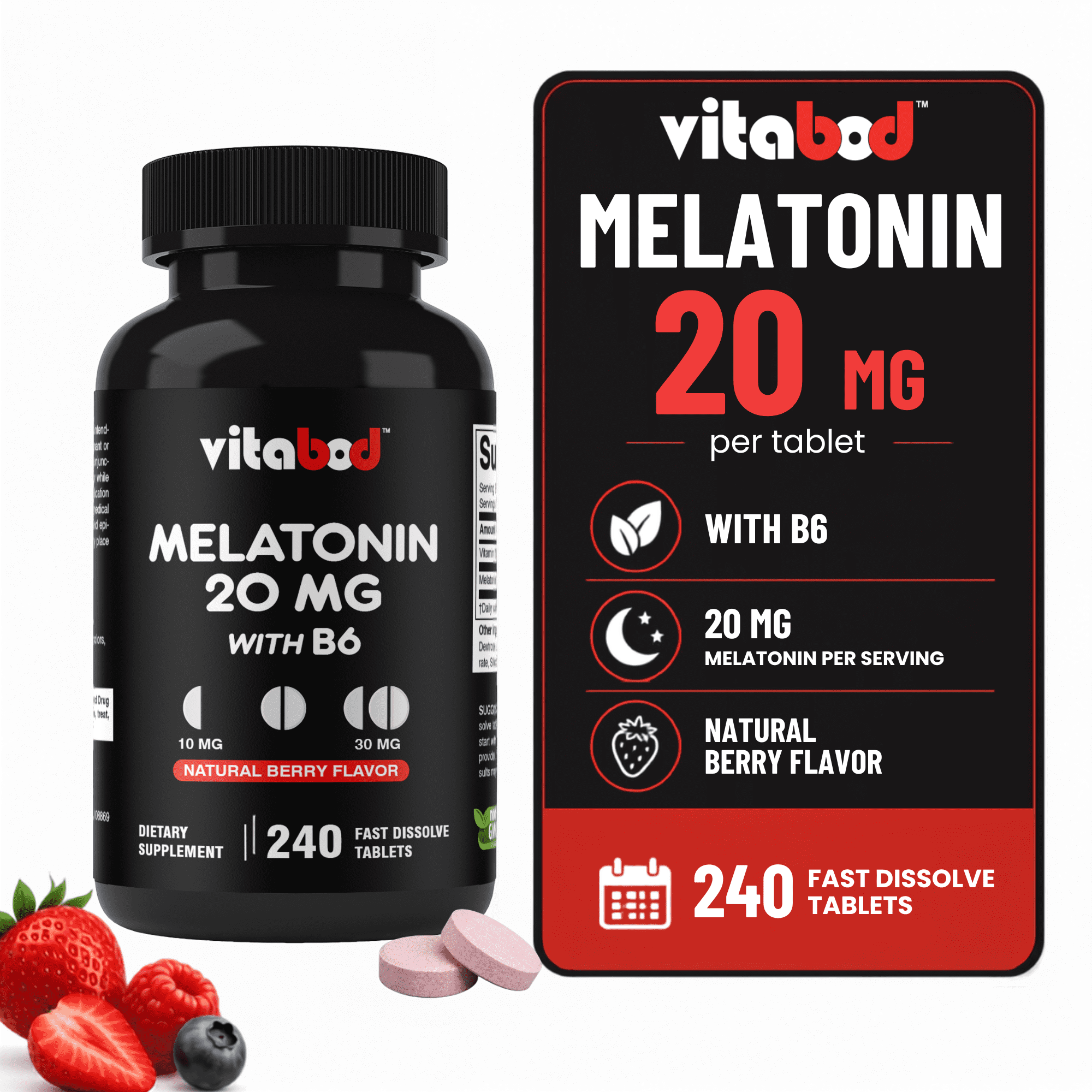 Melatonin 20 mg - 240 Fast Dissolve Tablets - Drug Free - Natural Berry Flavor - Vegetarian, Non-GMO, Gluten Free 240 Count