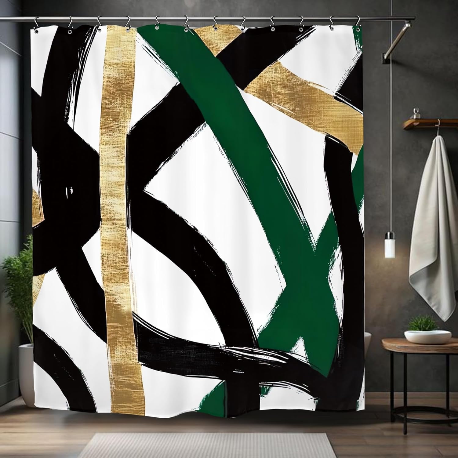 Abstract Emerald Green Black Gold Shower Curtain Modern Minimalist Contemporary Geometric Bathroom Set Accessories Decor with Pack Hooks-36"W x 72"L (Pack of 1)