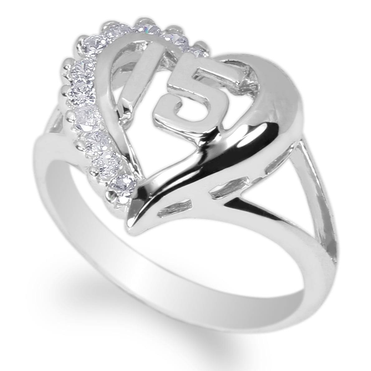 Ladies White Gold Plated 15 Anos Quinceanera Heart Ring Size 410